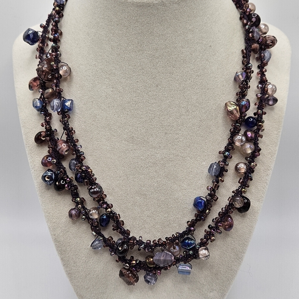 VINTAGE Double Strand Purple Blue Glass Beaded Necklace